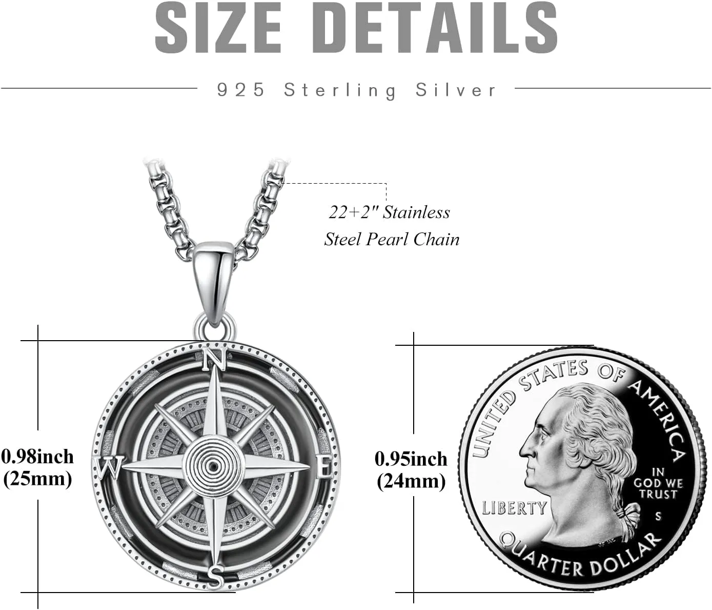 KINGWHYTE Compass Necklace for Men 925 Sterling Silver Birthday Gifts Graduation Travel Jewelry for Husband Brother with Stainless Steel Chain
