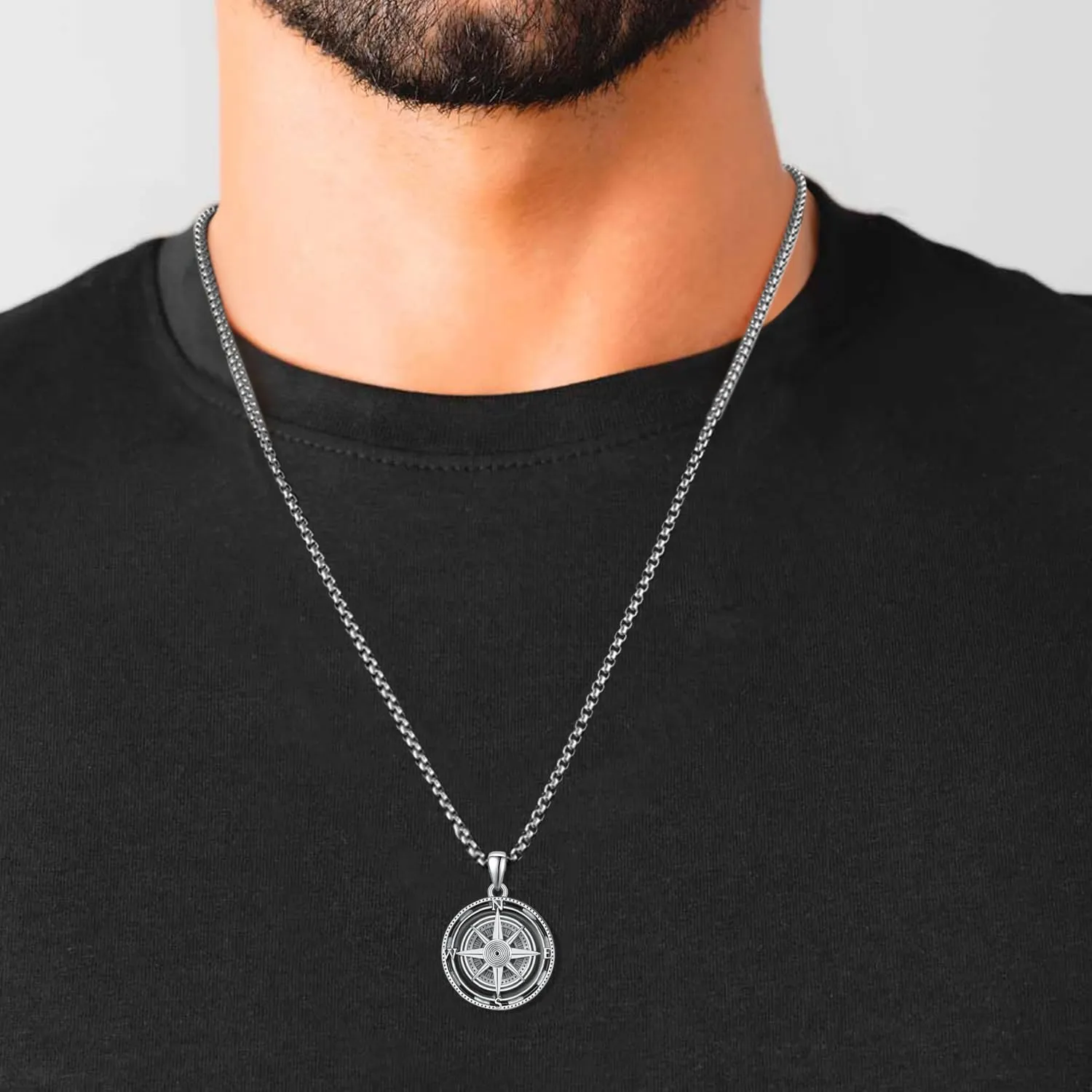 KINGWHYTE Compass Necklace for Men 925 Sterling Silver Birthday Gifts Graduation Travel Jewelry for Husband Brother with Stainless Steel Chain