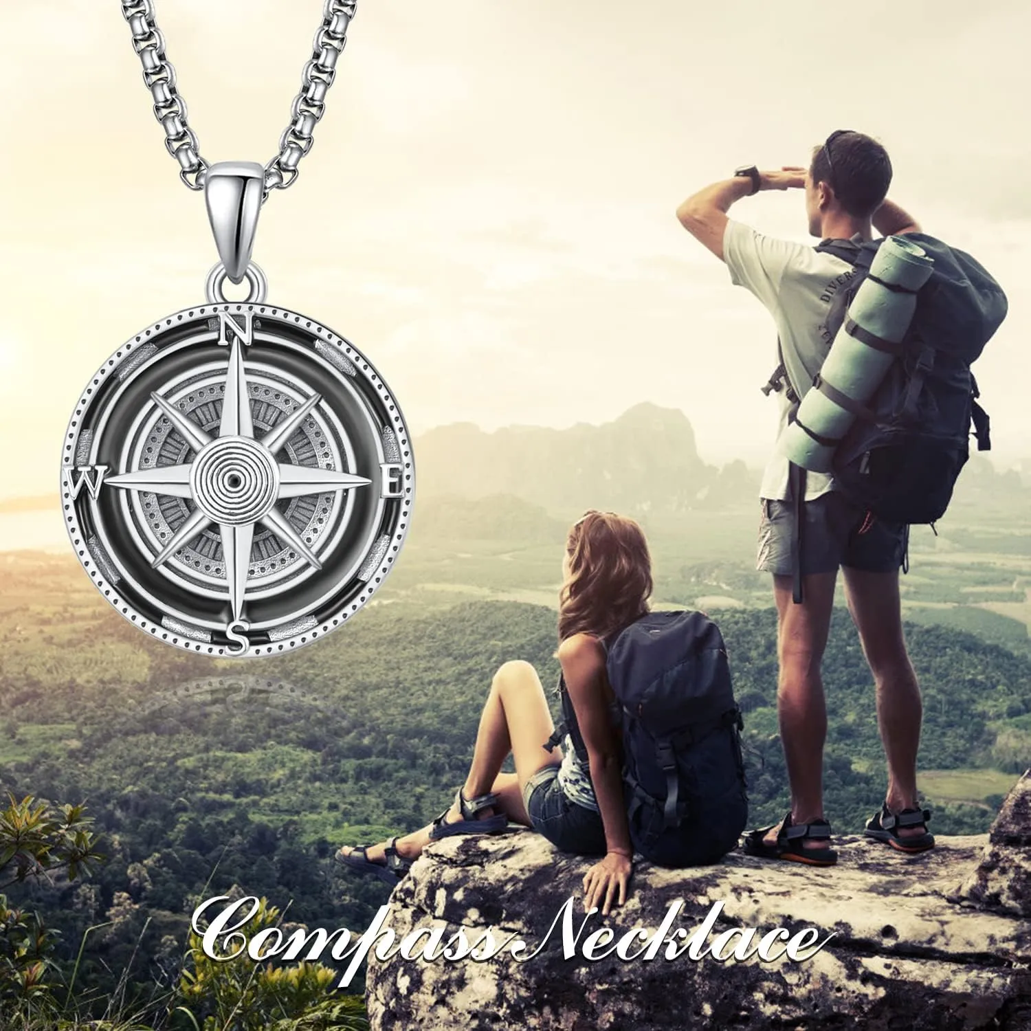 KINGWHYTE Compass Necklace for Men 925 Sterling Silver Birthday Gifts Graduation Travel Jewelry for Husband Brother with Stainless Steel Chain