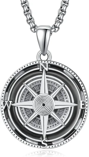 KINGWHYTE Compass Necklace for Men 925 Sterling Silver Birthday Gifts Graduation Travel Jewelry for Husband Brother with Stainless Steel Chain