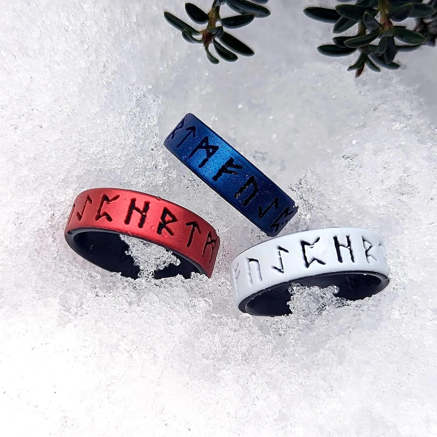 Knot Theory Rune Silicone Ring for Men - Cosmic Purple, Dark Silver, Metallic Blue, Smooth Silver - Dual Layer Engraving - Breathable Comfort Fit 6mm Rubber Wedding Band
