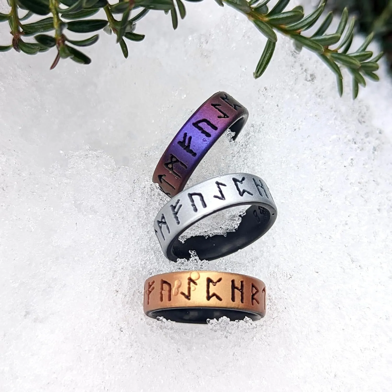 Knot Theory Rune Silicone Ring for Men - Cosmic Purple, Dark Silver, Metallic Blue, Smooth Silver - Dual Layer Engraving - Breathable Comfort Fit 6mm Rubber Wedding Band