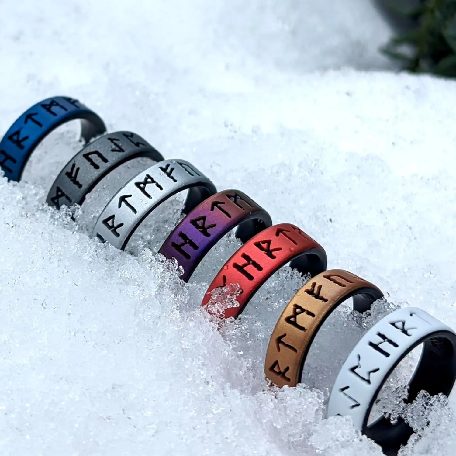 Knot Theory Rune Silicone Ring for Men - Cosmic Purple, Dark Silver, Metallic Blue, Smooth Silver - Dual Layer Engraving - Breathable Comfort Fit 6mm Rubber Wedding Band