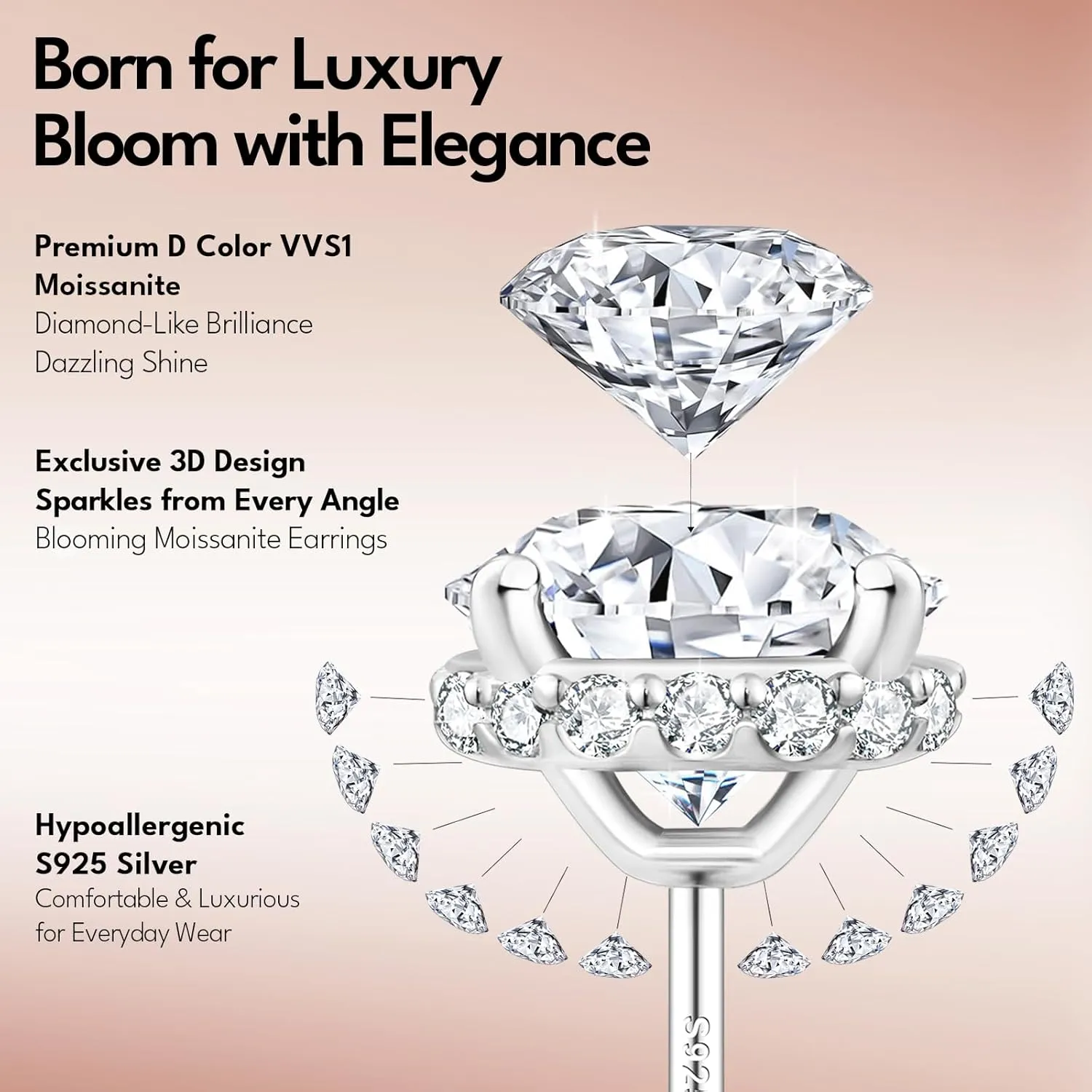 KRKC Moissanite Earrings, Lab Grown Diamond Stud Earrings for Women, 14K Golden Plated Sterling Silver, Bloom Design, 2 Carat D Color VVS1, Hypoallergenic, Gift for Wife, Mom, Her