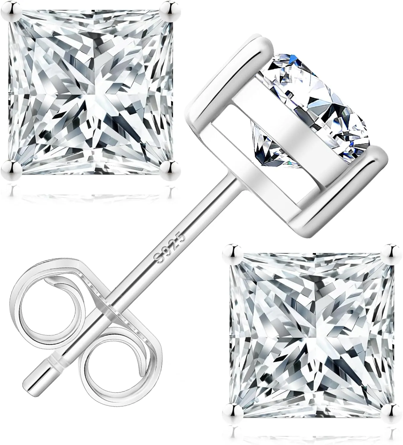 KRKC&CO Moissanite Studs Earrings for Women, 925 Sterling Silver D Color VVS1, Lab Created Princess Cut Diamond White Gold Plated Earring, 0.6ct-2ct Brilliant Jewelry Gift For Her