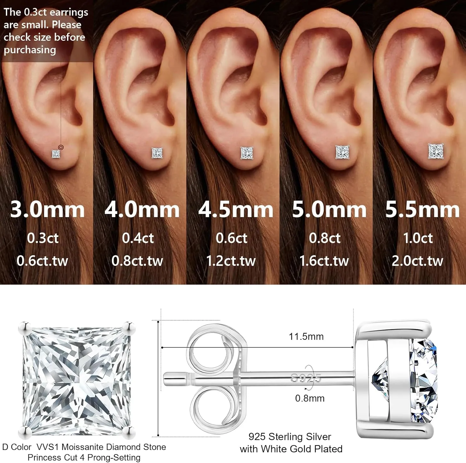KRKC&CO Moissanite Studs Earrings for Women, 925 Sterling Silver D Color VVS1, Lab Created Princess Cut Diamond White Gold Plated Earring, 0.6ct-2ct Brilliant Jewelry Gift For Her