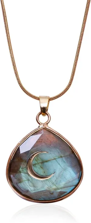 Labradorite Crescent Moon Energy Necklace - Healing Crystal Pendant With Stainless Steel Chain, Spiritual Jewelry (Mystic Moon Protection Necklace)