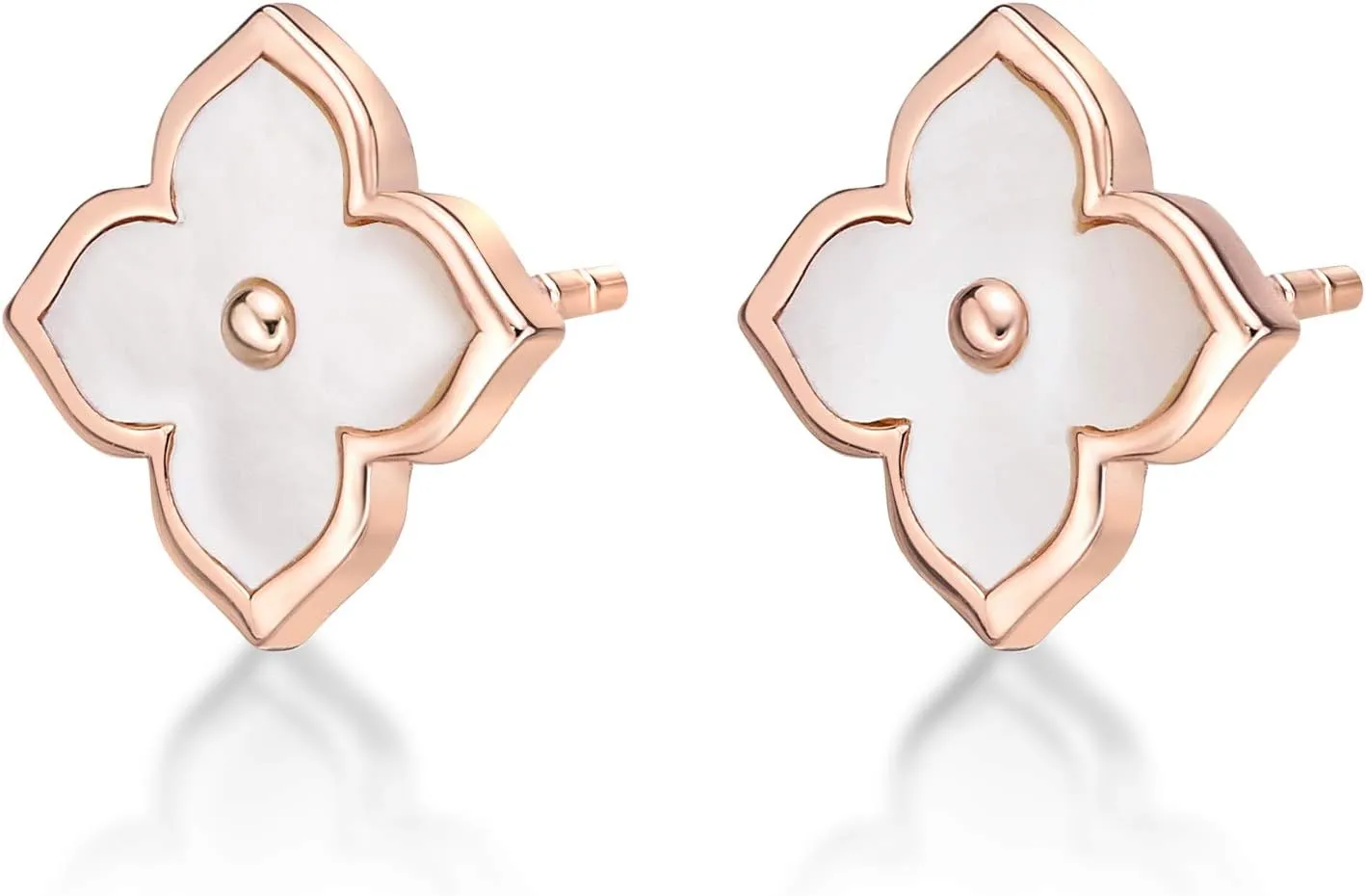 Lavari Jewelers Four Petal Flower Stud Earrings for Women - Black Onyx Mother of Pearl Malachite & Cubic Zirconia in 925 Sterling Silver - Hypoallergenic Gold Plated - 12 MM Push Back Studs for Her