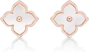 Lavari Jewelers Four Petal Flower Stud Earrings for Women - Black Onyx Mother of Pearl Malachite & Cubic Zirconia in 925 Sterling Silver - Hypoallergenic Gold Plated - 12 MM Push Back Studs for Her