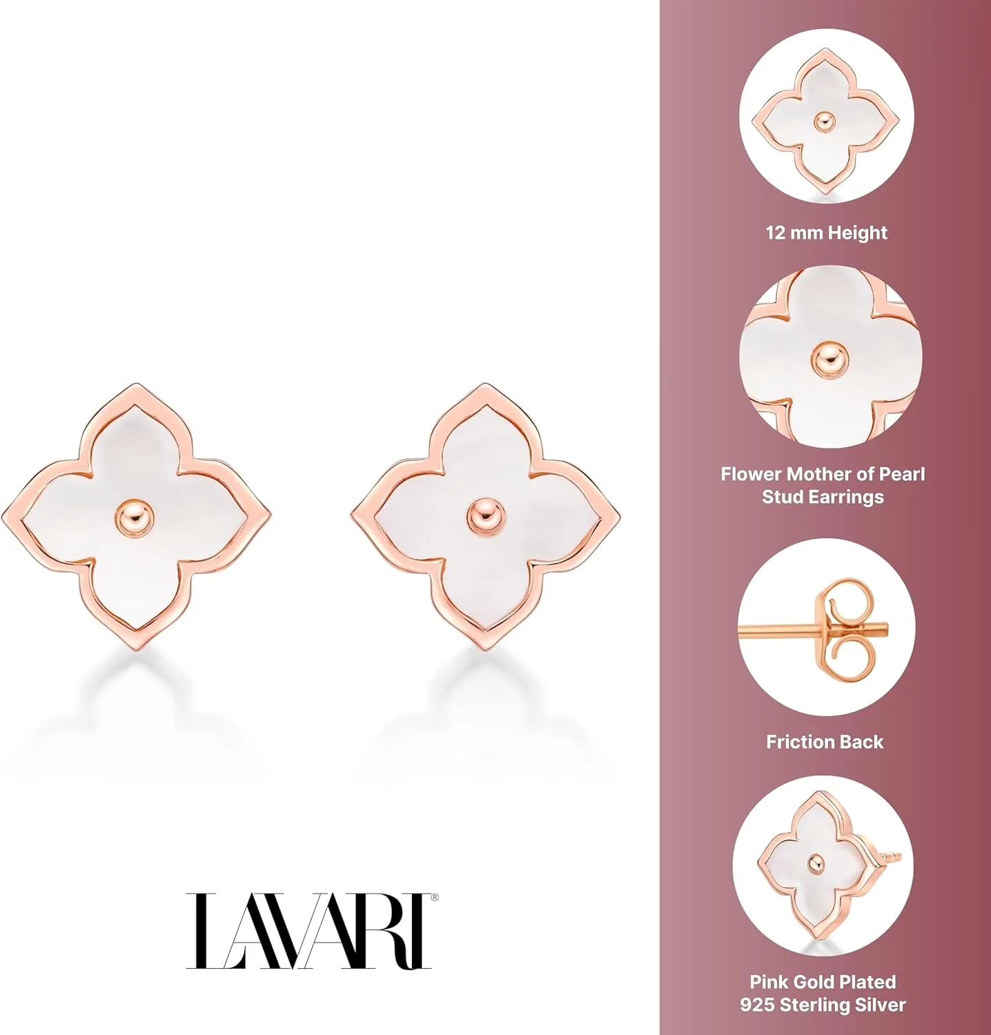 Lavari Jewelers Four Petal Flower Stud Earrings for Women - Black Onyx Mother of Pearl Malachite & Cubic Zirconia in 925 Sterling Silver - Hypoallergenic Gold Plated - 12 MM Push Back Studs for Her