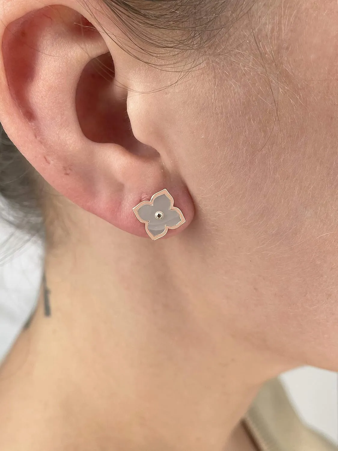 Lavari Jewelers Four Petal Flower Stud Earrings for Women - Black Onyx Mother of Pearl Malachite & Cubic Zirconia in 925 Sterling Silver - Hypoallergenic Gold Plated - 12 MM Push Back Studs for Her