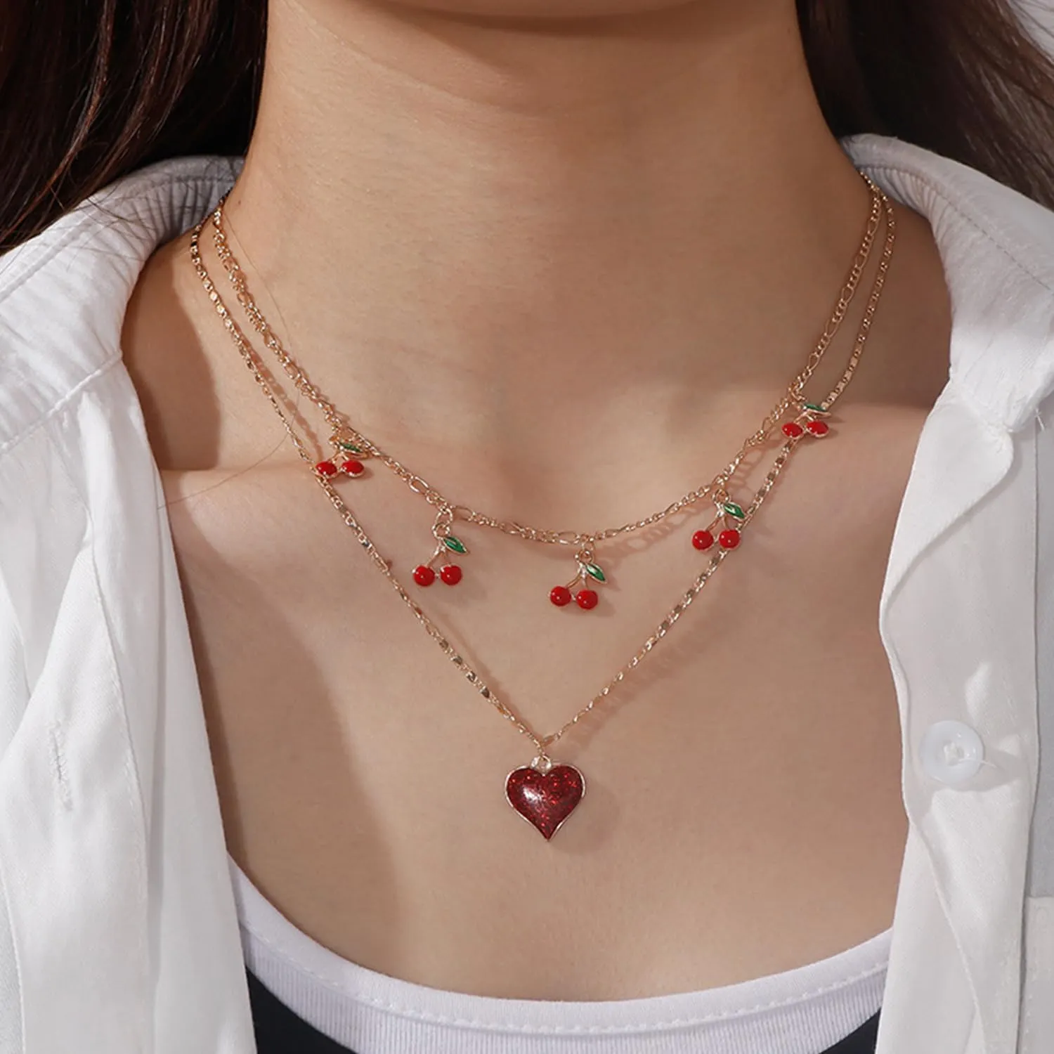 Layered Choker Necklace for Women Cherry Heart Pendant Necklace for Christmas Party Accessory