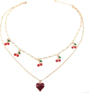 Layered Choker Necklace for Women Cherry Heart Pendant Necklace for Christmas Party Accessory