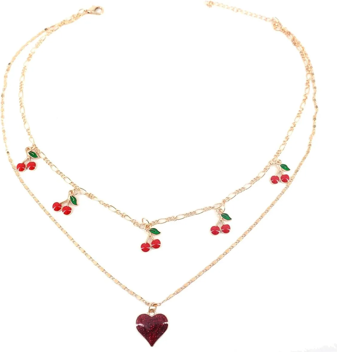 Layered Choker Necklace for Women Cherry Heart Pendant Necklace for Christmas Party Accessory