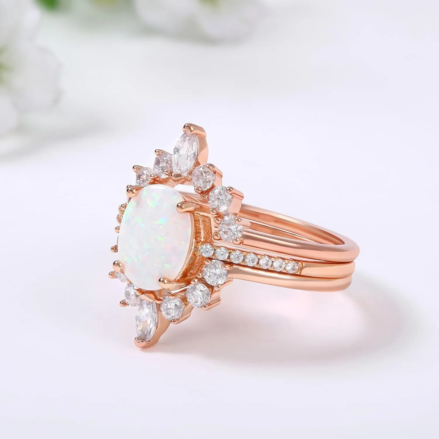 LAZLUVU Oval White Opal Stackable Rings 3A Cubic Zirconia Pink Engagement Rings for Women Rose Gold Wedding Rings Set Womens Jewelry