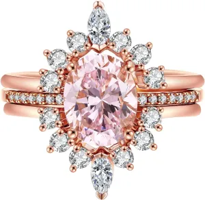 LAZLUVU Oval White Opal Stackable Rings 3A Cubic Zirconia Pink Engagement Rings for Women Rose Gold Wedding Rings Set Womens Jewelry