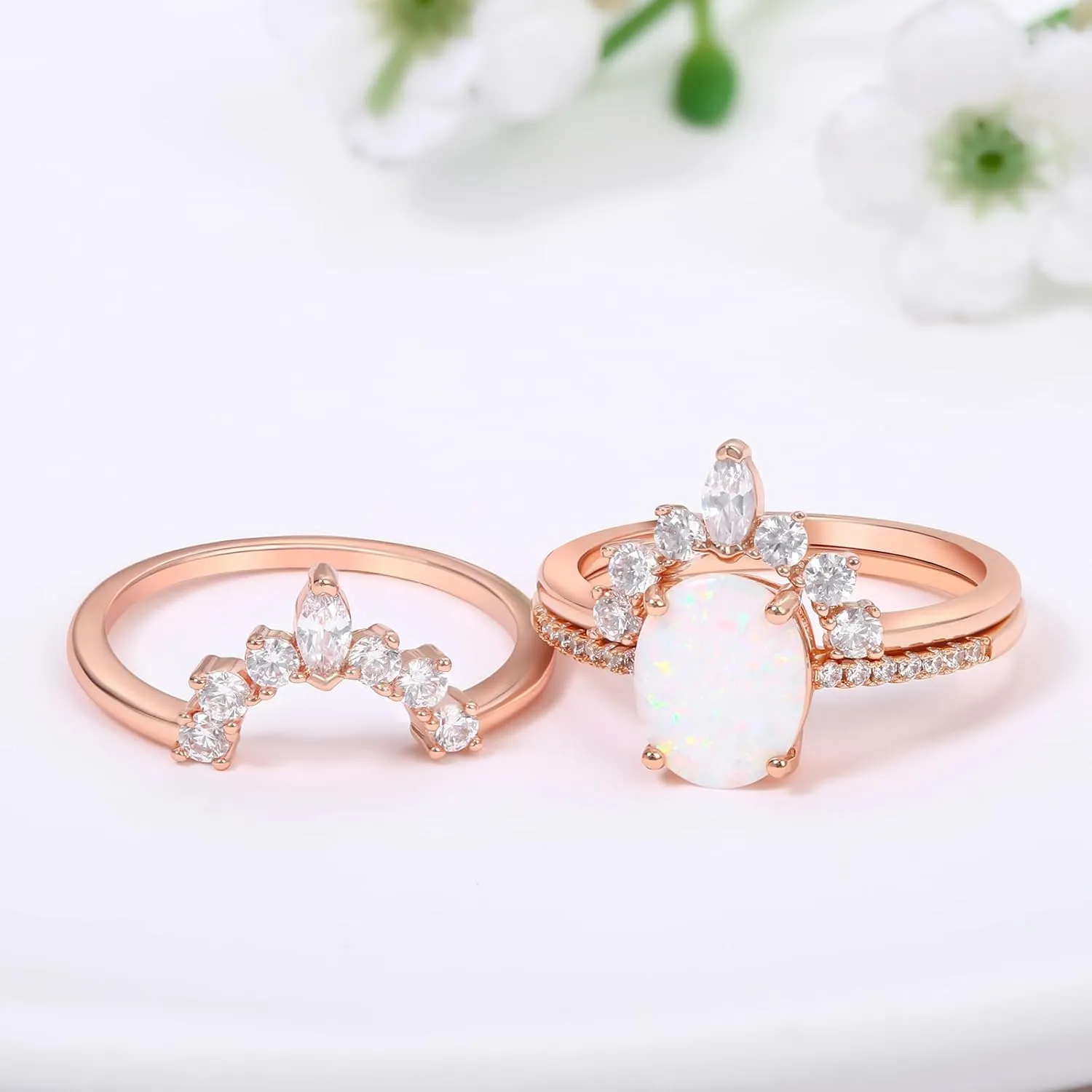 LAZLUVU Oval White Opal Stackable Rings 3A Cubic Zirconia Pink Engagement Rings for Women Rose Gold Wedding Rings Set Womens Jewelry