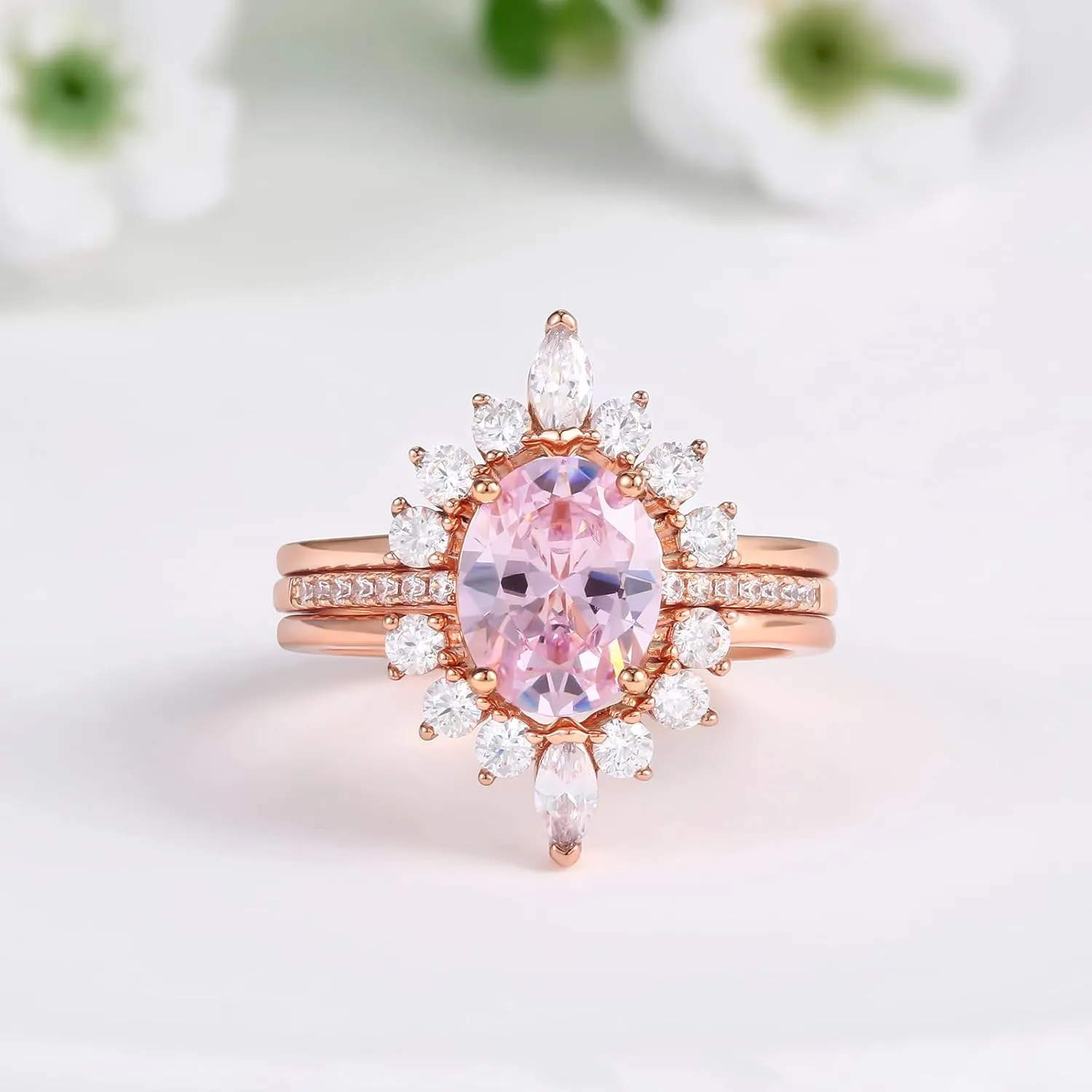 LAZLUVU Oval White Opal Stackable Rings 3A Cubic Zirconia Pink Engagement Rings for Women Rose Gold Wedding Rings Set Womens Jewelry