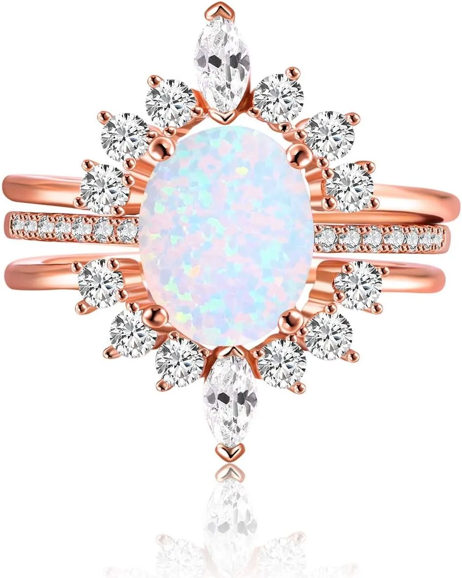 LAZLUVU Oval White Opal Stackable Rings 3A Cubic Zirconia Pink Engagement Rings for Women Rose Gold Wedding Rings Set Womens Jewelry