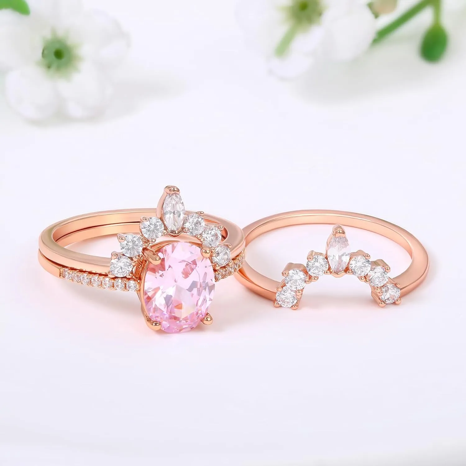 LAZLUVU Oval White Opal Stackable Rings 3A Cubic Zirconia Pink Engagement Rings for Women Rose Gold Wedding Rings Set Womens Jewelry