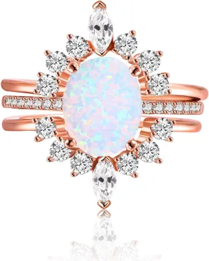 LAZLUVU Oval White Opal Stackable Rings 3A Cubic Zirconia Pink Engagement Rings for Women Rose Gold Wedding Rings Set Womens Jewelry