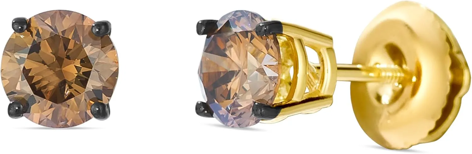 Le Vian 1 or 1 1/2 Carat Chocolate Diamond Round Stud Earrings for Women - 14k Gold Studs for Her (Brown, 1.00 or 1.50 cttw) 4-Prong Setting Round Diamond Earrings - Screw Back Studs
