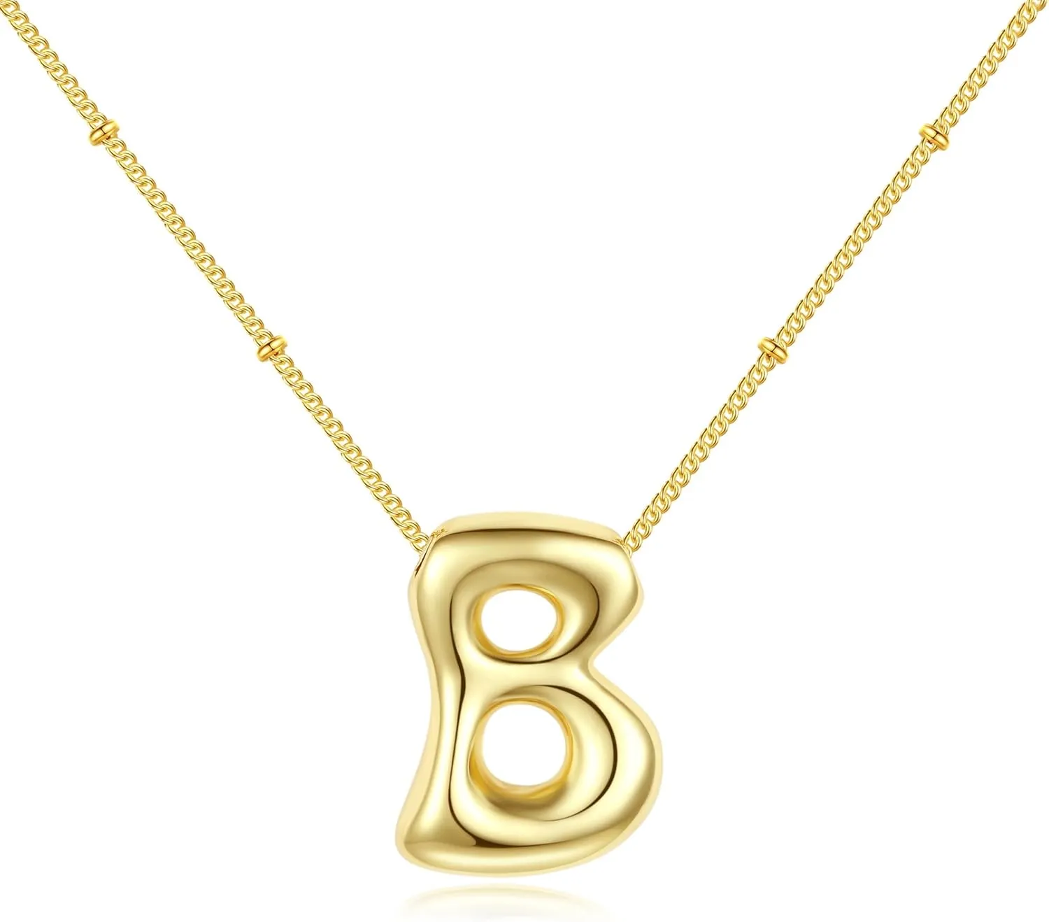 Letter Necklace Bubble Initial Pendant Necklaces for Women Cute Alphabet 14K Gold Plated Design Balloon Puffy Name Personalized Teen Jewelry