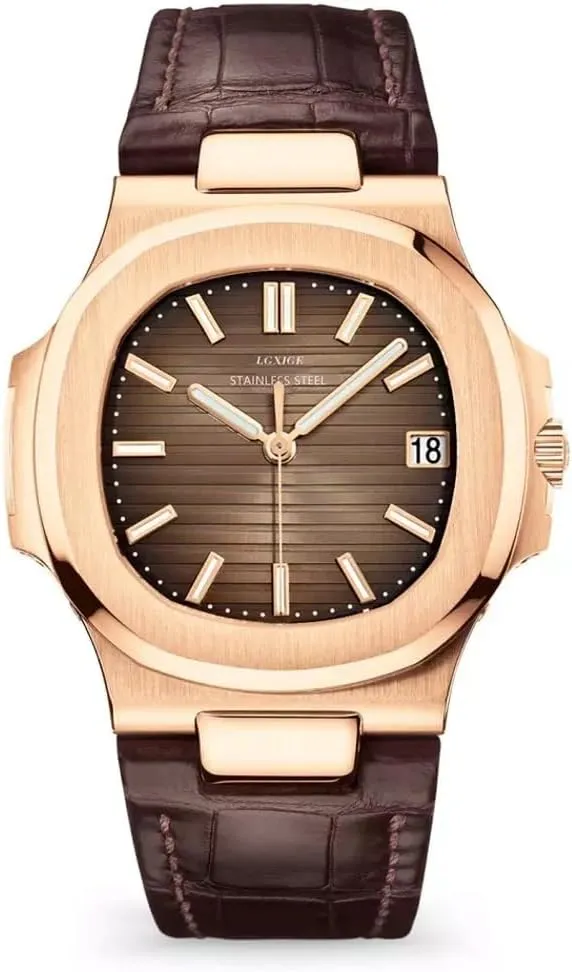 LGXIGE 2019 Japanese Automatic Movement Luxury Elegant Watch for Men, Leather Strap, Analog, Patek Style