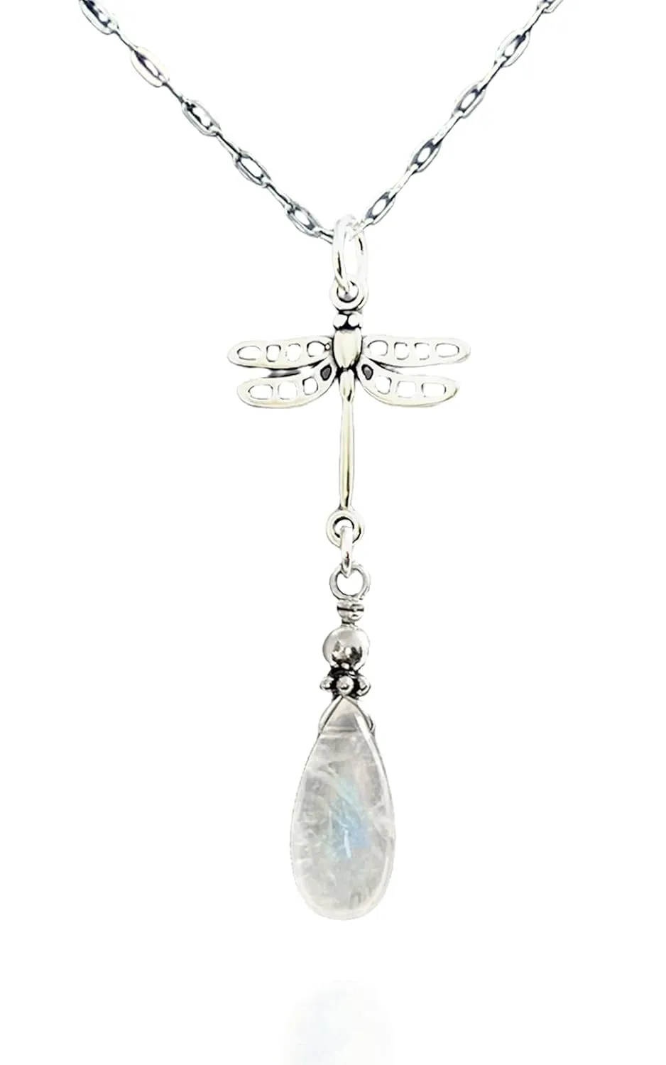 LND Moonstone Necklace, June Birthstone Jewelry, Handmade Genuine Gemstone Small Pendant, 925 Sterling Silver, 18 Inch Chain (White - Dragonfly)