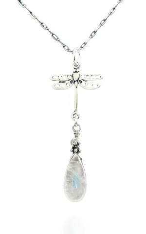 LND Moonstone Necklace, June Birthstone Jewelry, Handmade Genuine Gemstone Small Pendant, 925 Sterling Silver, 18 Inch Chain (White - Dragonfly)