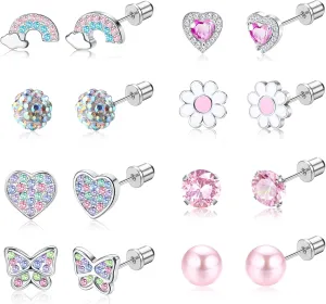 LOLIAS Hypoallergenic Screw back Earrings for Women 316L Surgical Steel CZ ScrewBack Earring 8 Pairs Colorful Heart Butterfly Flower Sensitive Tiny Stud Earrings Set