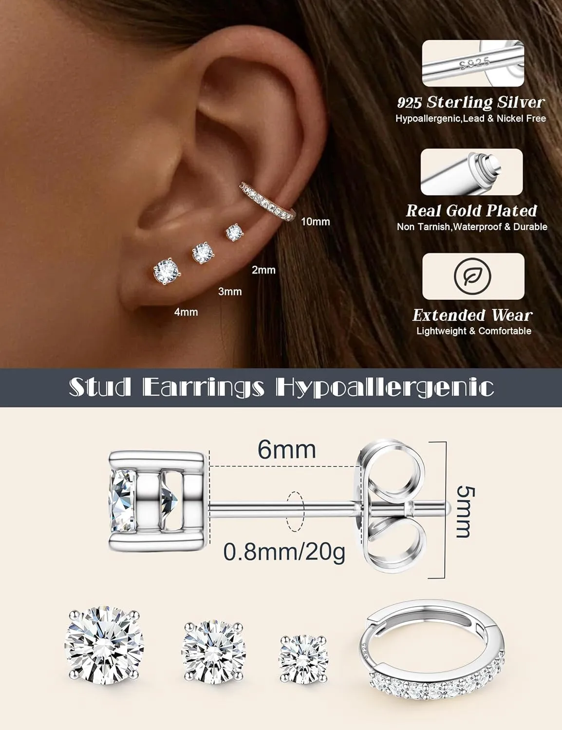 LOLIAS Stud Earrings for Women Hypoallergenic 925 Sterling Silver Earrings Studs Hoops Set Dainty Small Cartilage Earring Stacks
