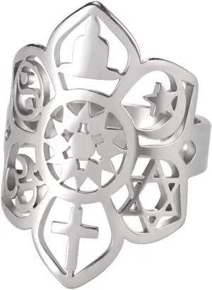 Lotus Ring Religious Mystery Symbols Band Rings Om Ohm Ring Star of David Ring Cross Yin Yang Protection Amulet Stainless Steel Jewellery Gifts for Women Girls (Silver)