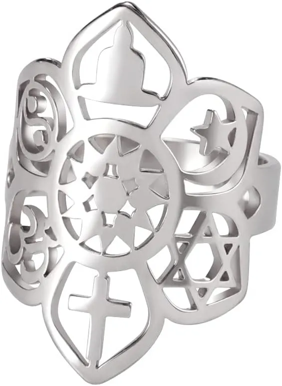 Lotus Ring Religious Mystery Symbols Band Rings Om Ohm Ring Star of David Ring Cross Yin Yang Protection Amulet Stainless Steel Jewellery Gifts for Women Girls (Silver)