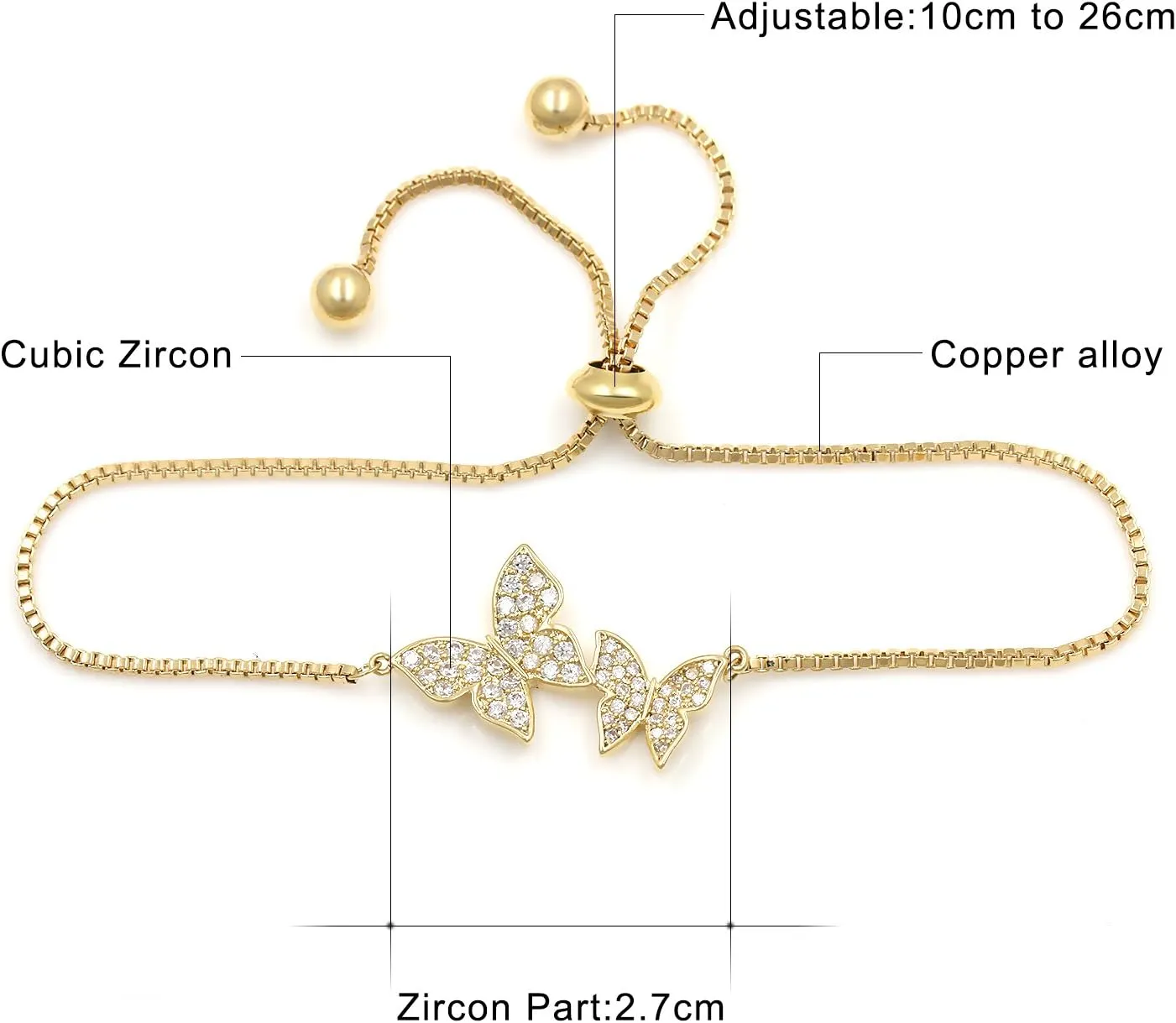 Love Gift Cubic Zirconia CZ Bridal Butterfly Adjustable Bracelet for Women
