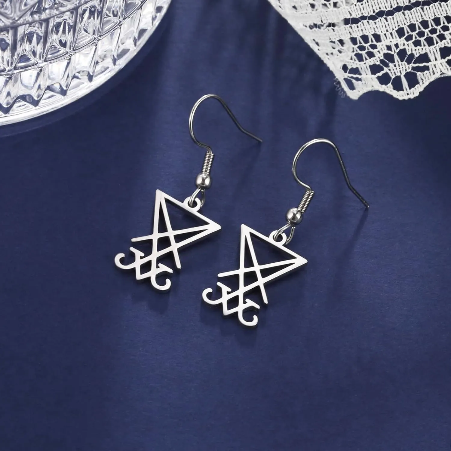 Lucifer Dangle Earrings Stainless Steel Satanic Symbol Earrings Vintage Leviathan Cross Studs Church Wiccan Jewellery Religious Jewellery for Women