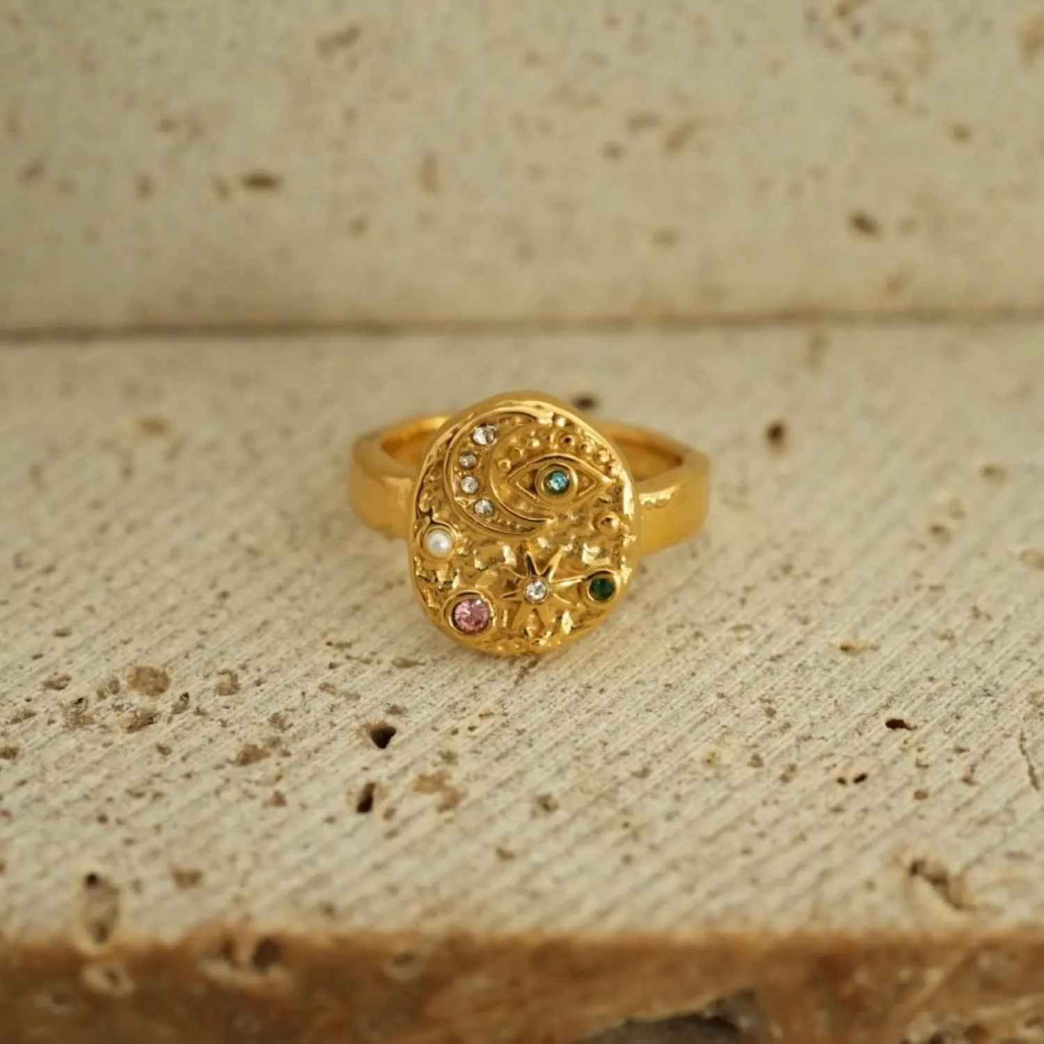 LUVA Moon Star Evil Eye Ring, 18K Gold Plated Stainless Steel Ring, Celestial Gemstone Ring For Women, Statement Ring, Waterproof, Anti Tarnish, Mystic Jewelry