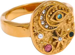 LUVA Moon Star Evil Eye Ring, 18K Gold Plated Stainless Steel Ring, Celestial Gemstone Ring For Women, Statement Ring, Waterproof, Anti Tarnish, Mystic Jewelry