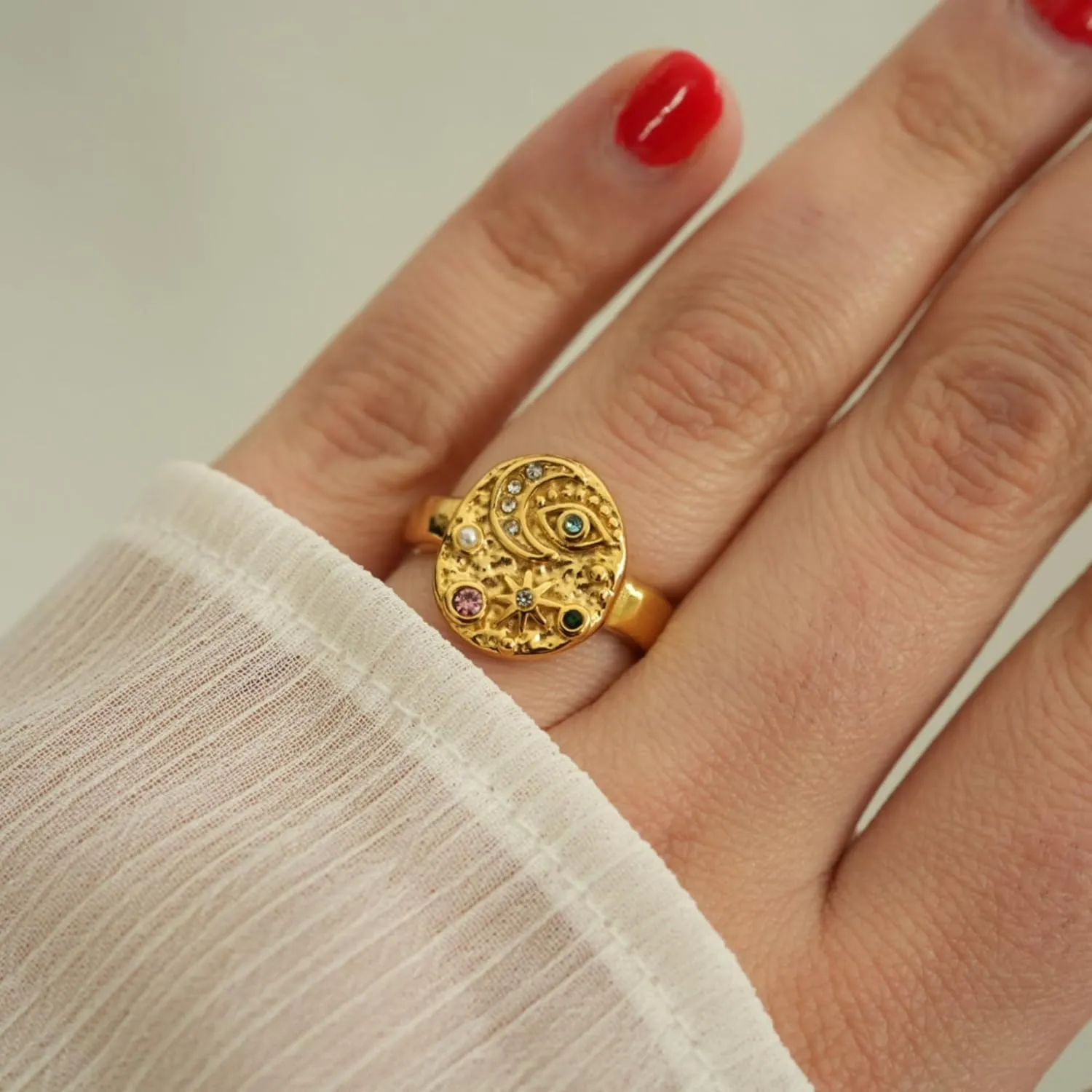 LUVA Moon Star Evil Eye Ring, 18K Gold Plated Stainless Steel Ring, Celestial Gemstone Ring For Women, Statement Ring, Waterproof, Anti Tarnish, Mystic Jewelry
