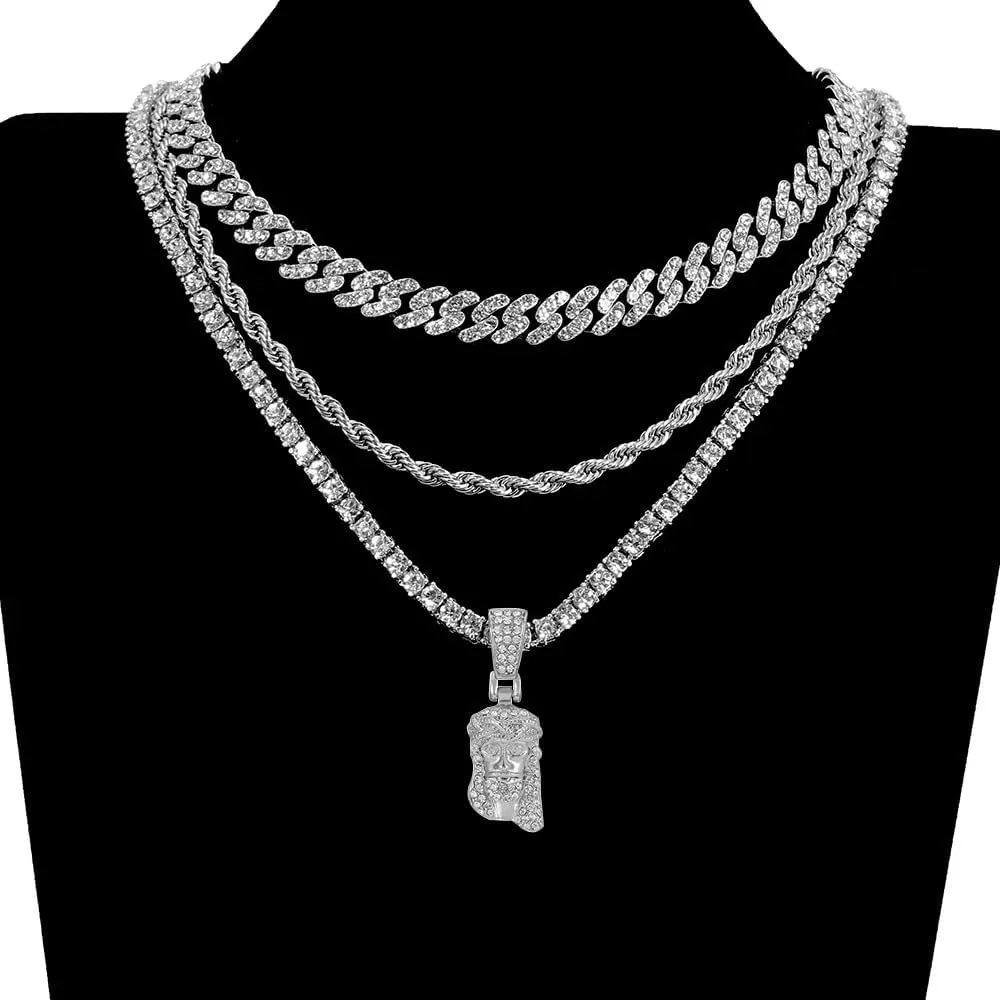 Mai & Claire 14K Gold Filled Jesus Head Pendant Necklace For Men And Women - 925 Sterling Silver Jesus Christ Piece Head Face Pendant Iced Out Shining Crystal Necklace, Jesus Piece Chain For Men