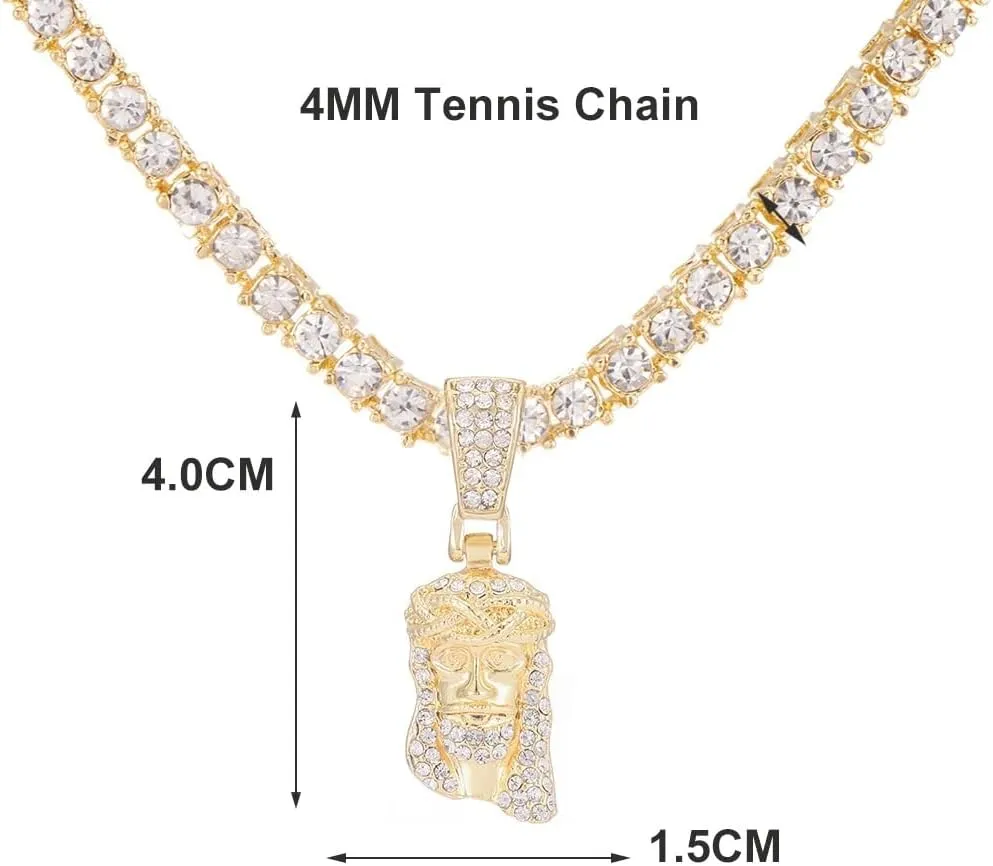 Mai & Claire 14K Gold Filled Jesus Head Pendant Necklace For Men And Women - 925 Sterling Silver Jesus Christ Piece Head Face Pendant Iced Out Shining Crystal Necklace, Jesus Piece Chain For Men