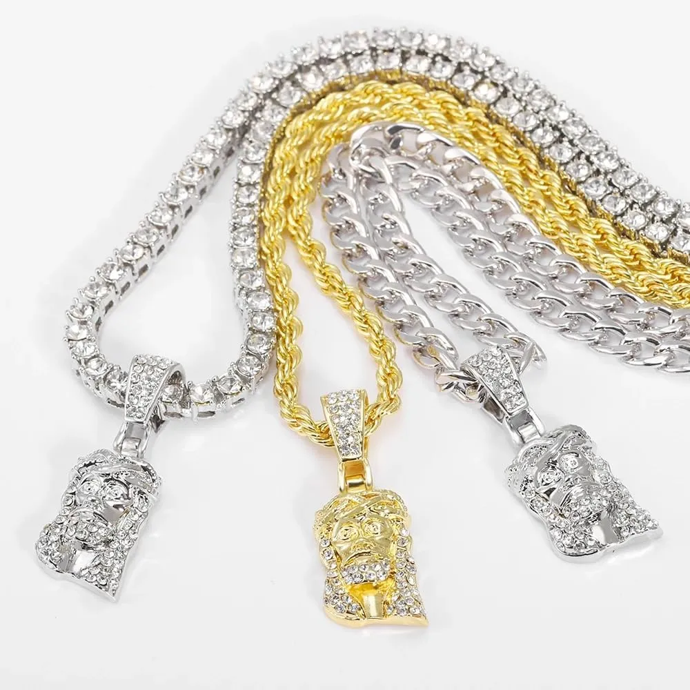 Mai & Claire 14K Gold Filled Jesus Head Pendant Necklace For Men And Women - 925 Sterling Silver Jesus Christ Piece Head Face Pendant Iced Out Shining Crystal Necklace, Jesus Piece Chain For Men