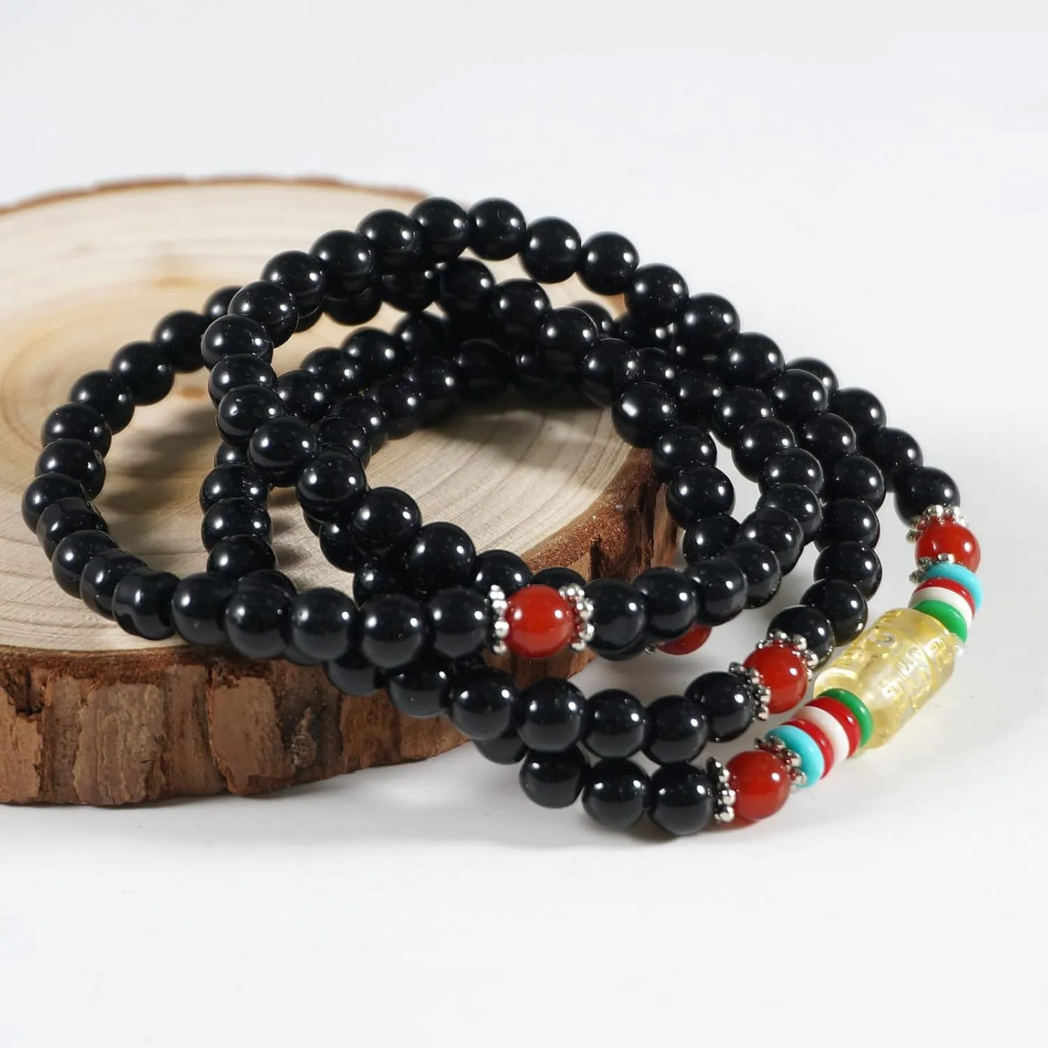 Mala Beads Stretch Bracelet Black Obsidian & Tiger Stone, Buddhist Prayer Beads, Yoga Bracelets, Oval Tiger Eye Pendant Necklace and 1PC Translucent Plaster Selenite Reiki Healing Meditaion