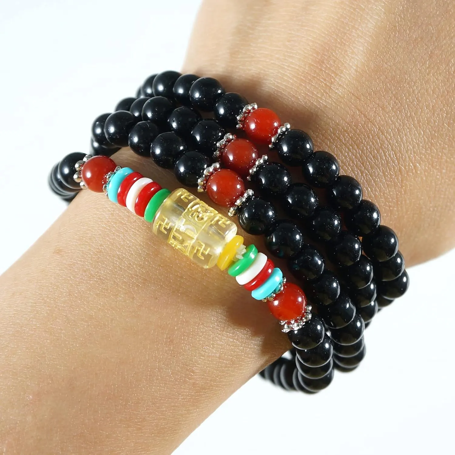 Mala Beads Stretch Bracelet Black Obsidian & Tiger Stone, Buddhist Prayer Beads, Yoga Bracelets, Oval Tiger Eye Pendant Necklace and 1PC Translucent Plaster Selenite Reiki Healing Meditaion