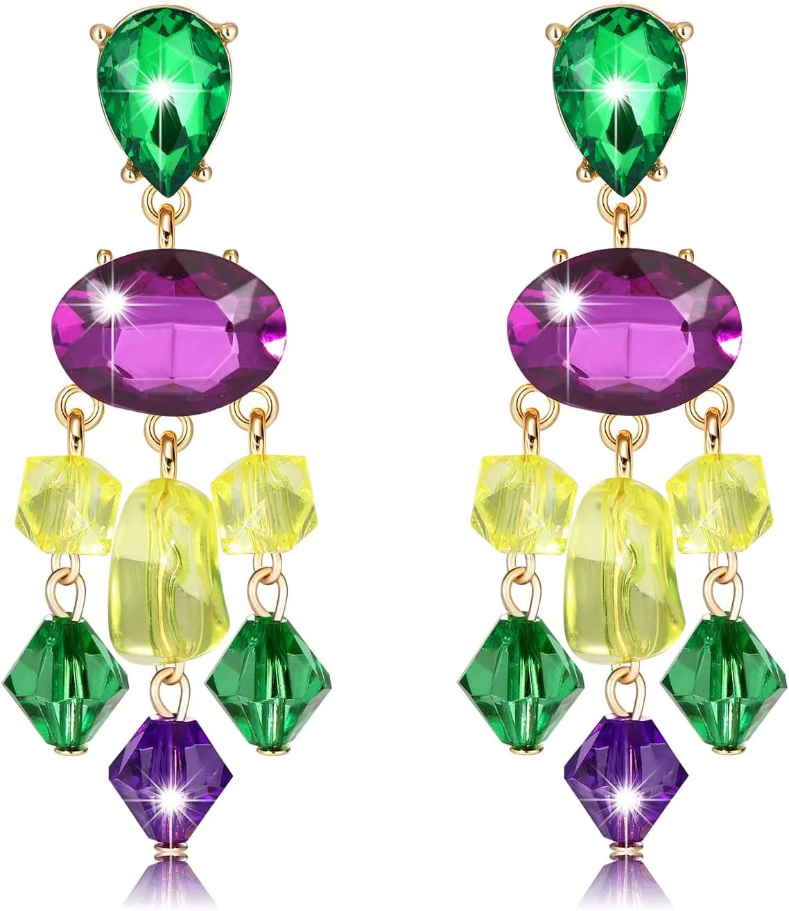 Mardi Gras Earrings for Women,Purple Green Gold Sparkly Multi Crystal Bead Link Dangle Evening Earrings Carnival Parade Party Earrings Mardi Gras Fat Tuesday Earrings Jewelry for Holiday Gift