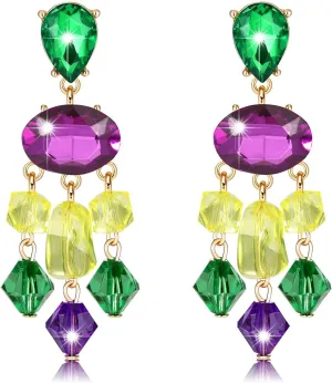 Mardi Gras Earrings for Women,Purple Green Gold Sparkly Multi Crystal Bead Link Dangle Evening Earrings Carnival Parade Party Earrings Mardi Gras Fat Tuesday Earrings Jewelry for Holiday Gift
