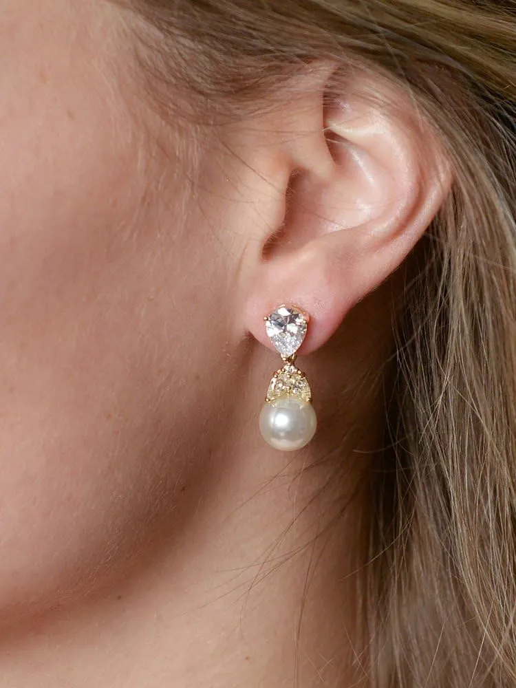 Mariell Pearl Drop Bridal Earrings with Cubic Zirconia Crystals and Ivory Pearls For Brides, Bridesmaids, Weddings, Jewelry Gift for Women