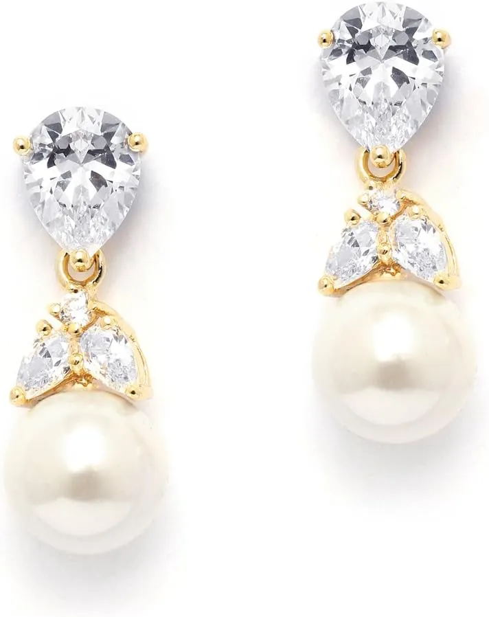 Mariell Pearl Drop Bridal Earrings with Cubic Zirconia Crystals and Ivory Pearls For Brides, Bridesmaids, Weddings, Jewelry Gift for Women