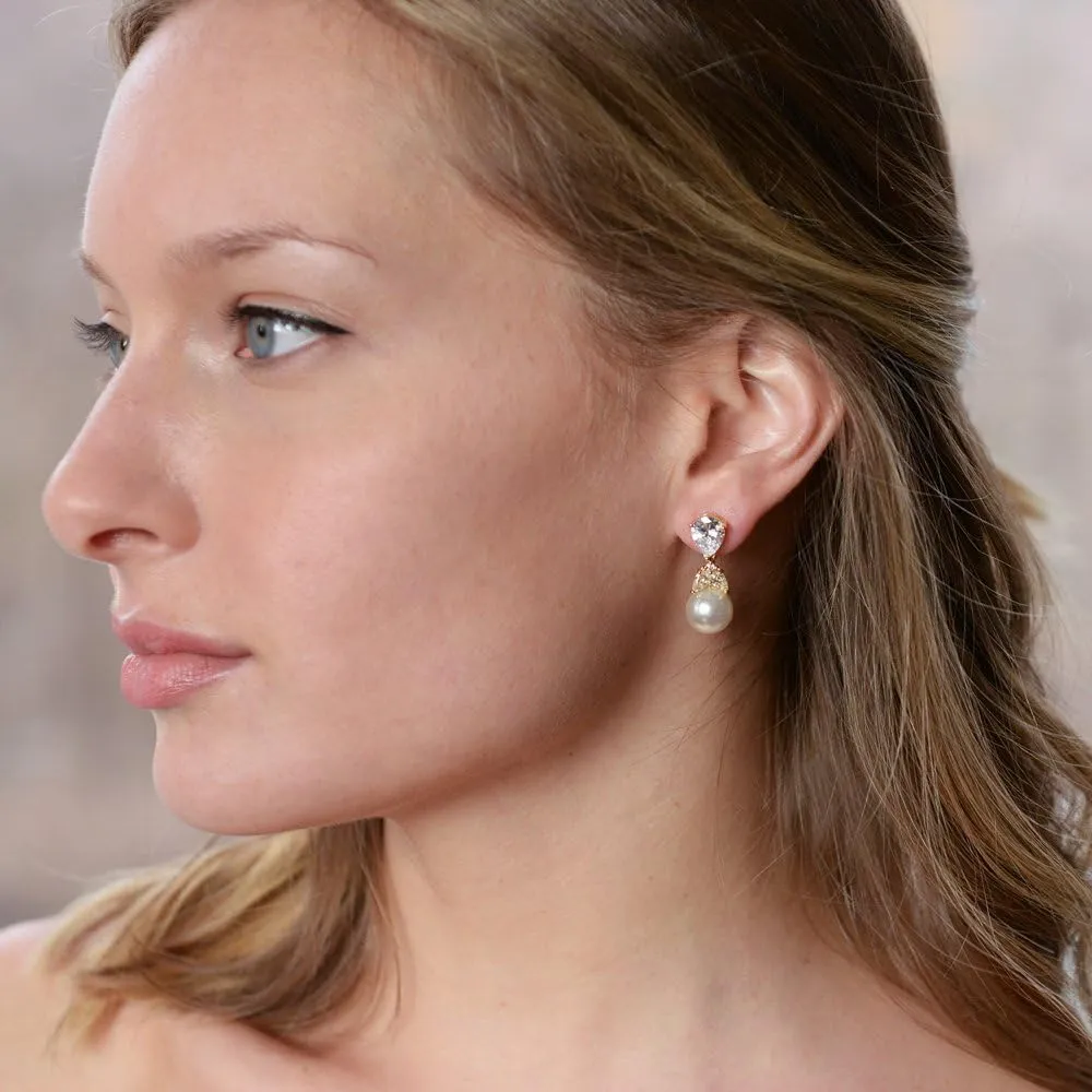 Mariell Pearl Drop Bridal Earrings with Cubic Zirconia Crystals and Ivory Pearls For Brides, Bridesmaids, Weddings, Jewelry Gift for Women