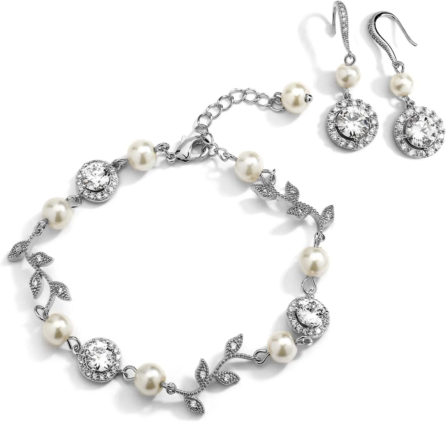 Mariell Silver Vine & Ivory Pearl CZ Bridal Bracelet & Earrings Set - Wedding Jewelry for Bridesmaids